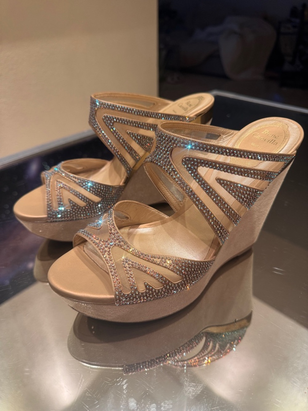 Rene Caovilla Rose Gold Crystal Wedges